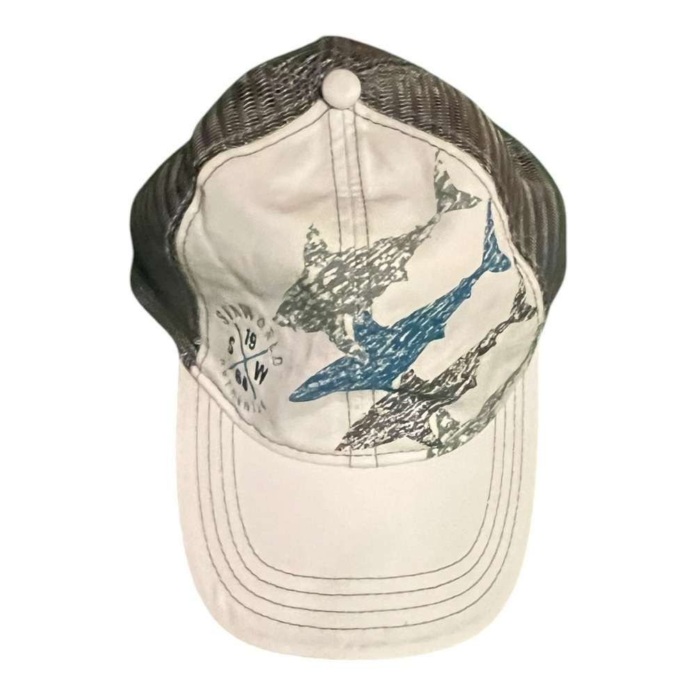 SeaWorld mesh snapback cap white front with sharks gray mesh teal snap strap.